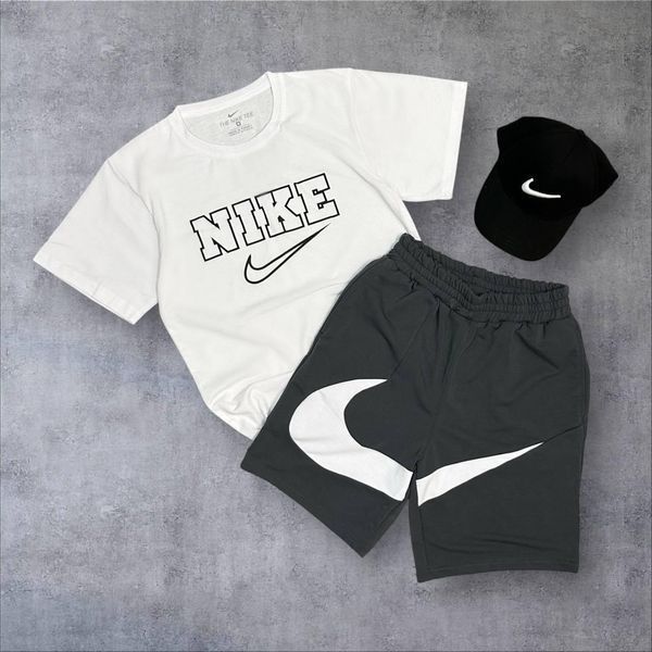 Мужской летний костюм Nike Футболка Шорты Кепка белый с серым Комплект Найк Will-N0097 фото