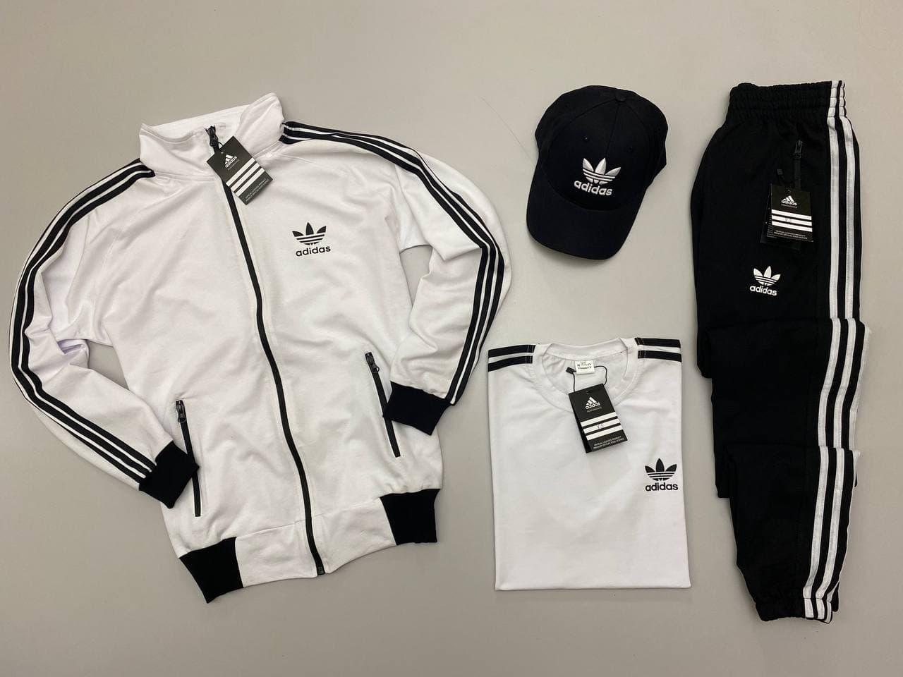 Чоловічий костюм Adidas 4в1 Кофта на змійці + Штани + Футболка + Кепка білий Адідас весняний осінній