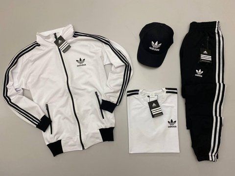 Мужской костюм Adidas 4в1 белый Комплект Адидас Кофта на змейке Штаны Футболка Кепка Мой-150 фото