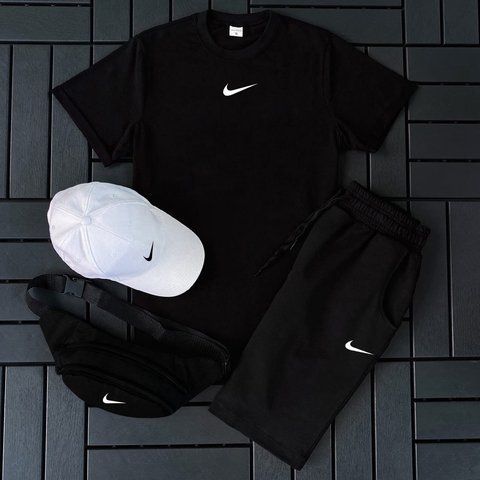 Чоловічий літній костюм Nike Футболка Шорти Кепка Барсетка чорний комплект Найк Hot-140 фото