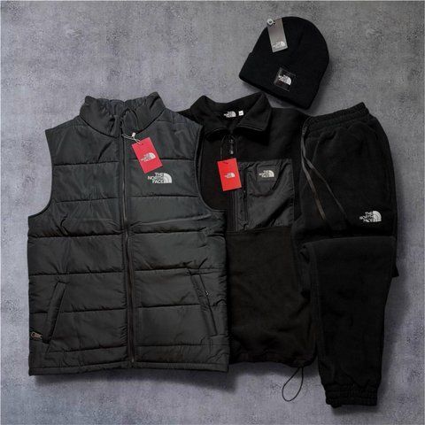 Мужской зимний спортивный костюм The North Face 3в1 флисовый черный Комплект ТНФ Жилет Анорак Штаны Шапка Will-132 фото