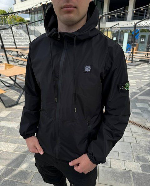 Мужская ветровка Stone Island с патчем черная Куртка Стон Айленд из плащевки Rap-RD370 фото