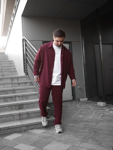 Мужской льняной костюм рубашка и штаны бордовый Sane-rb22 фото