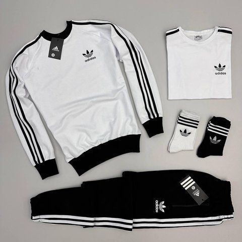 Мужской костюм Adidas 3в1 белый с черным Комплект Адидас Свитшот Штаны Футболка Хар-226 фото