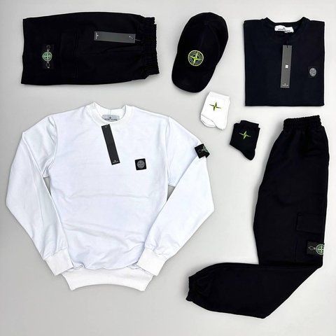Мужской спортивный костюм Stone Island белый с черным Набор Стон Айленд Костюм Футболка Шорты Кепка Хар-200 фото
