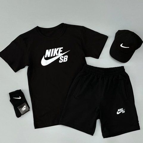 Мужской летний костюм Nike SB Футболка Шорты Кепка черный комплект Найк Will-N0011 фото