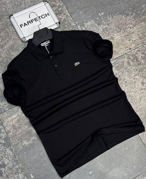 Мужская футболка поло Lacoste черная с воротником Hub-109 фото