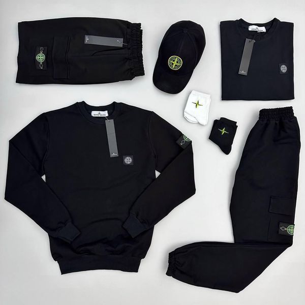 Чоловічий спортивний костюм Stone Island білий з чорним Набор Стон Айленд Костюм Футболка Шорти Кепка Хар-200 фото