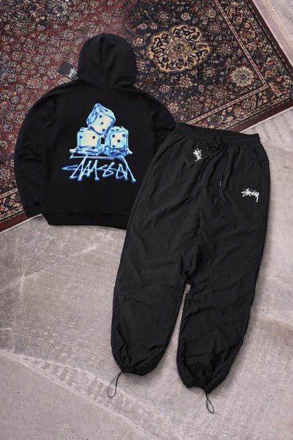 Мужской спортивный костюм Stussy черный с капюшоном Комплект Худи Штаны плащевка Стусси Ads-447 фото