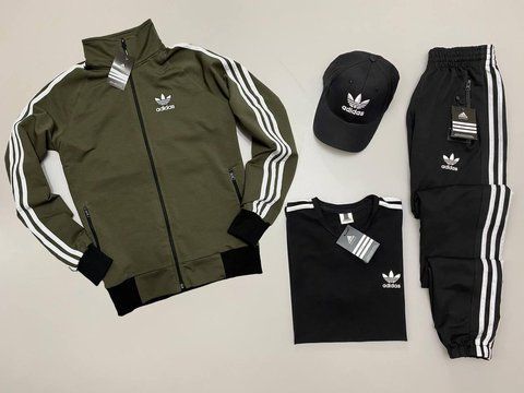 Мужской костюм Adidas 4в1 черный Комплект Адидас Кофта на змейке Штаны Футболка Кепка Хар-99 фото