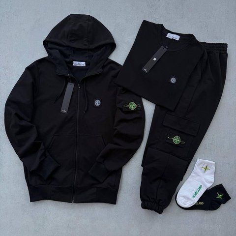 Мужской спортивный костюм Stone Island 3в1 с капюшоном черный Набор Стон Айленд Костюм Футболка Хар-231 фото