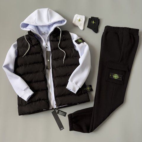Мужской зимний спортивный костюм Stone Island 3в1 черно-белый Комплект Стон Айленд Жилетка Костюм Хар-296 фото
