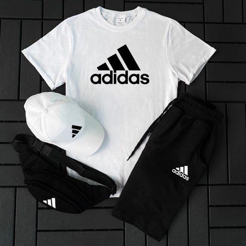 Чоловічий літній костюм Adidas Футболка Шорти Кепка Барсетка білий із чорним Ow-126 фото