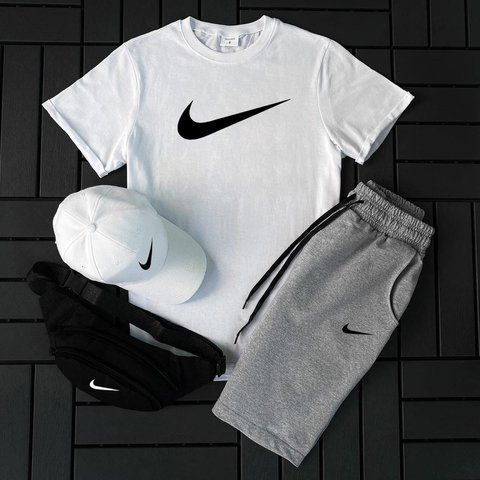 Мужской летний костюм Nike Футболка Шорты Кепка Барсетка белый с серый Комплект Найк Hot-141 фото