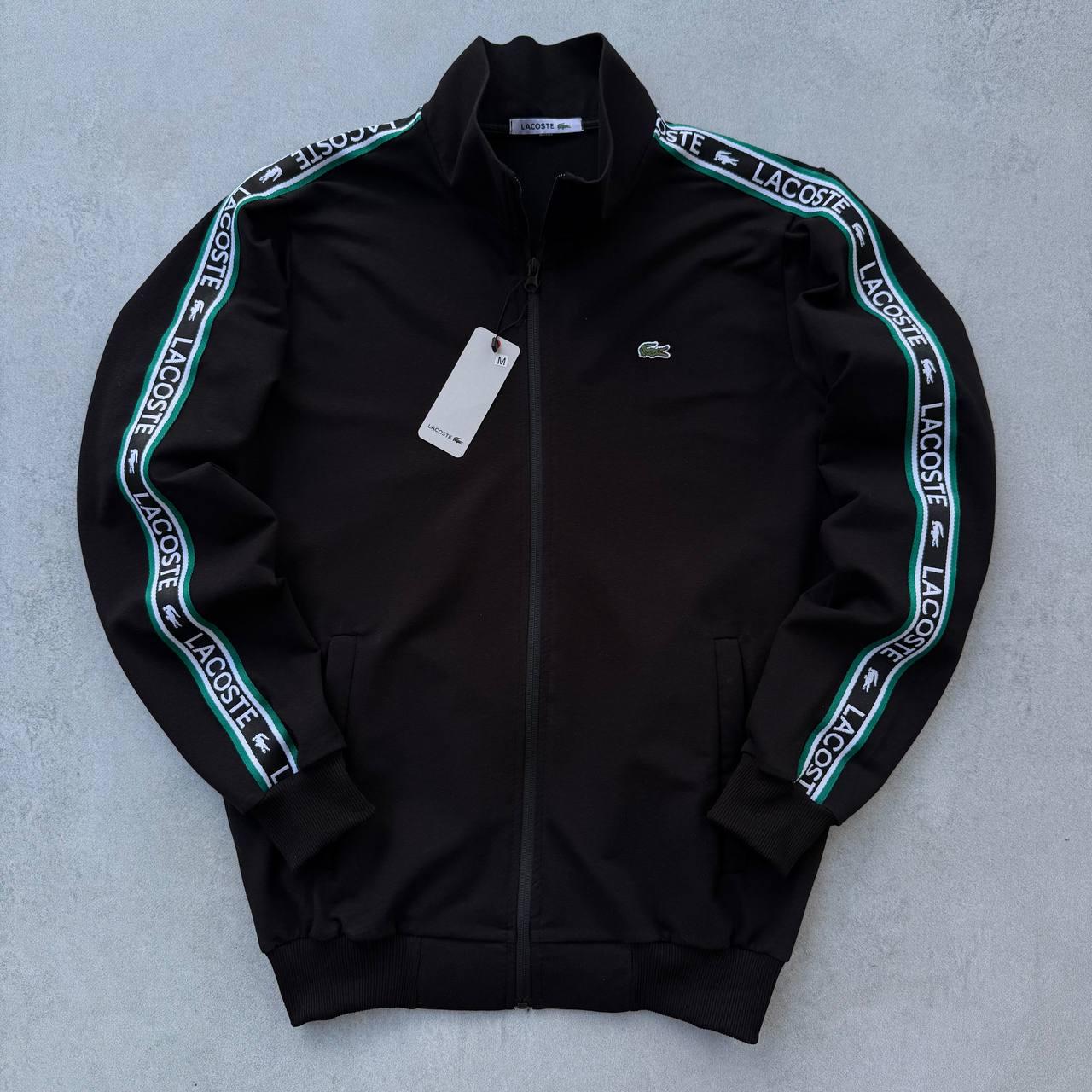 Мужская кофта Lacoste без капюшона черная Олимпийка Лакоста с лампасами