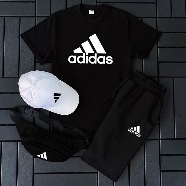 Мужской летний костюм Adidas Футболка Шорты Кепка Барсетка белый с черным Ow-126 фото