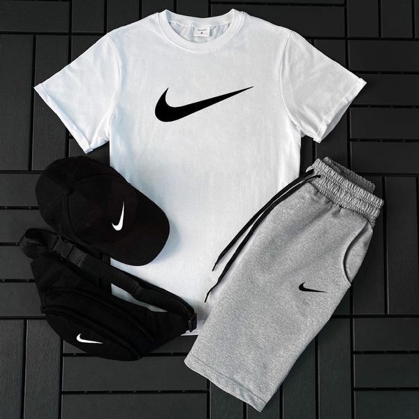 Чоловічий літній костюм Nike Футболка Шорти Кепка Барсетка білий із сірий комплект Найк Hot-141 фото