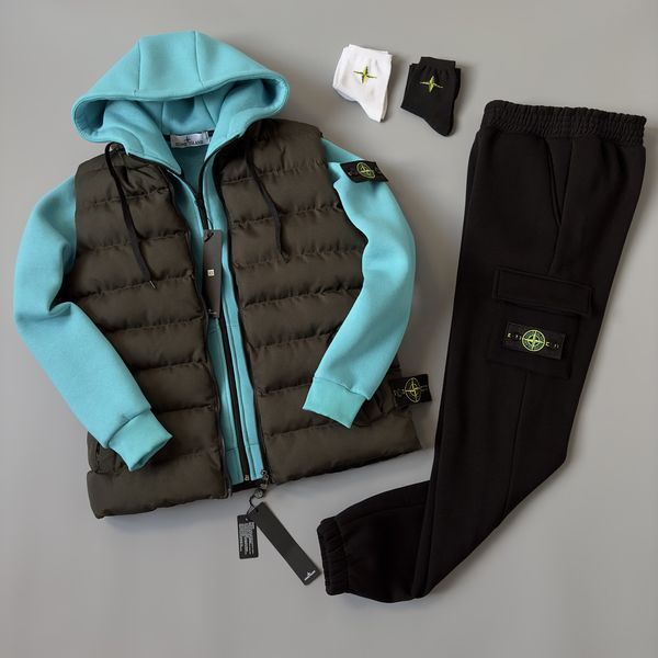 Мужской зимний спортивный костюм Stone Island 3в1 черно-белый Комплект Стон Айленд Жилетка Костюм Хар-296 фото