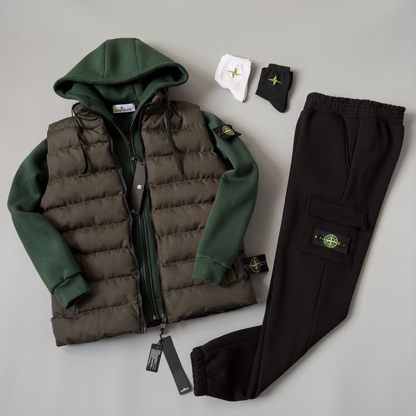 Мужской зимний спортивный костюм Stone Island 3в1 черно-белый Комплект Стон Айленд Жилетка Костюм Хар-296 фото