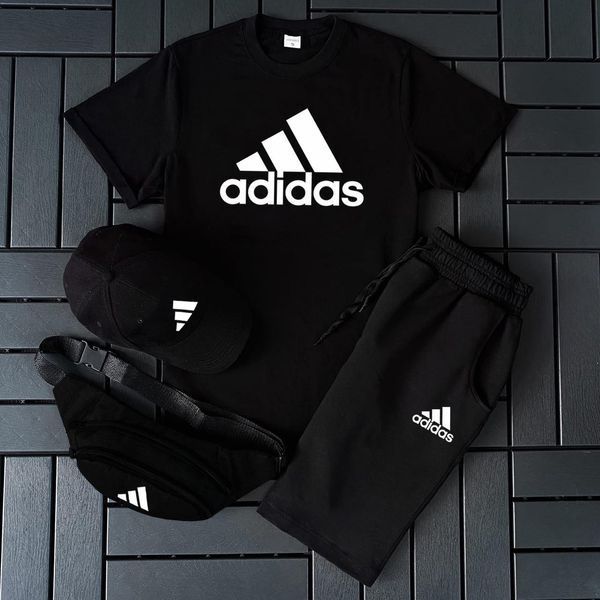 Мужской летний костюм Adidas Футболка Шорты Кепка Барсетка белый с черным Ow-126 фото