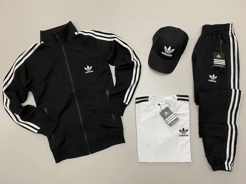 Чоловічий костюм Adidas 4в1 чорний Комплект Адідас Кофта на змійці Штани Футболка Кепка Хар-99 фото