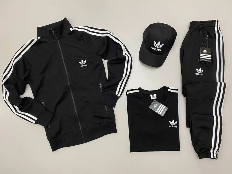 Чоловічий костюм Adidas 4в1 чорний Комплект Адідас Кофта на змійці Штани Футболка Кепка Хар-99 фото