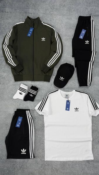 Чоловічий костюм Adidas 5в1 білий Комплект Адідас Кофта на змійці Штани Шорти Футболка Кепка Мой-164 1 фото