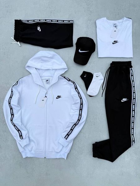 Мужской спортивный костюм Nike 7в1 белый с лампасами Комплект Найк Костюм Футболка Шорты Кепка Носки Хар-640 фото