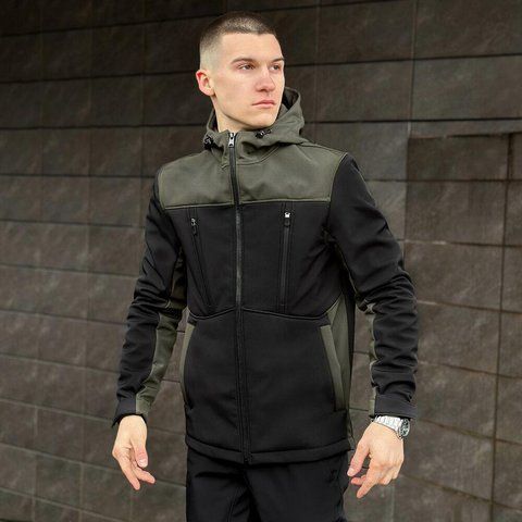 Мужская куртка из Soft Shell с капюшоном хаки Ветровка на флисе Pobed-setup фото