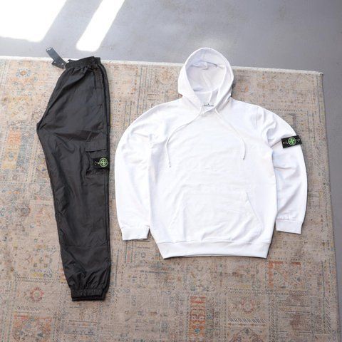 Мужской спортивный костюм Stone Island черно-белый с капюшоном Комплект Худи Штаны плащевка Стон Айленд Ads-630 фото