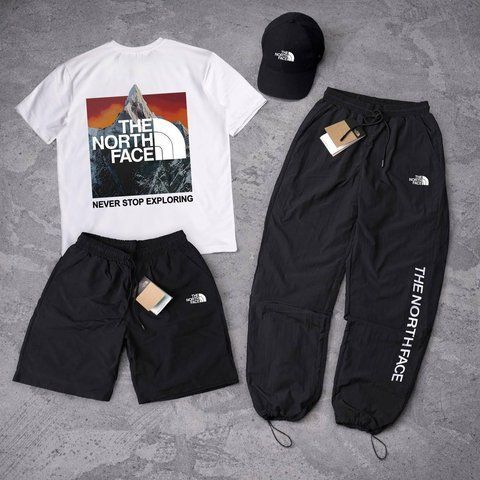 Мужской летний костюм The North Face Футболка Штаны Шорты Кепка белый комплект ТНФ Ads-319 фото