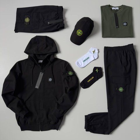 Мужской спортивный костюм Stone Island 7в1 черный с хаки Набор Стон Айленд Костюм Футболка Шорты Кепка Хар-535 фото