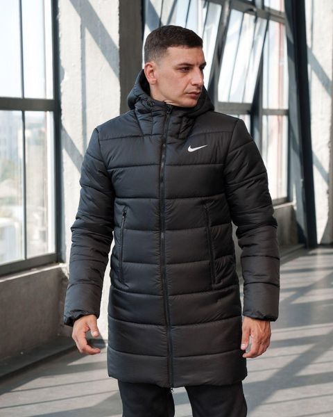 Чоловіча зимова парка Nike чорна Куртка Найк подовжена з капюшоном Sta-196/1 фото