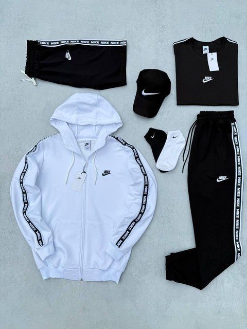 Мужской спортивный костюм Nike 7в1 белый с лампасами Комплект Найк Костюм Футболка Шорты Кепка Носки Хар-640 фото
