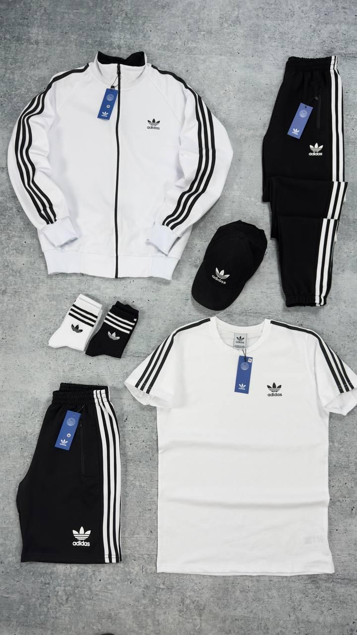 Мужской костюм Adidas 5в1 белый Набор Адидас Кофта на змейке Штаны Шорты Футболка Кепка