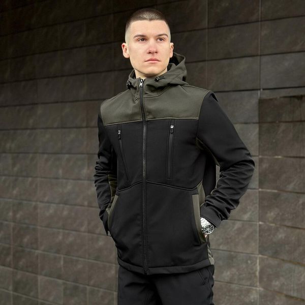 Мужская куртка из Soft Shell с капюшоном хаки Ветровка на флисе Pobed-setup фото