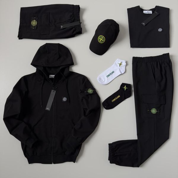 Чоловічий спортивний костюм Stone Island 7в1 чорний з хакі Набор Стон Айленд Костюм Футболка Шорти Кепка Хар-535 фото