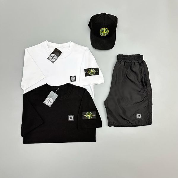 Мужской летний костюм Stone Island Футболка Футболка Шорты Кепка черный с патчем Стон Айленд Will-SS0024 фото