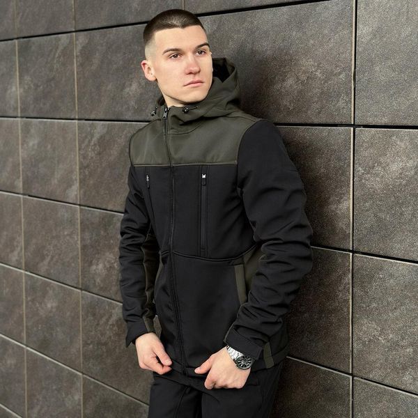 Мужская куртка из Soft Shell с капюшоном хаки Ветровка на флисе Pobed-setup фото