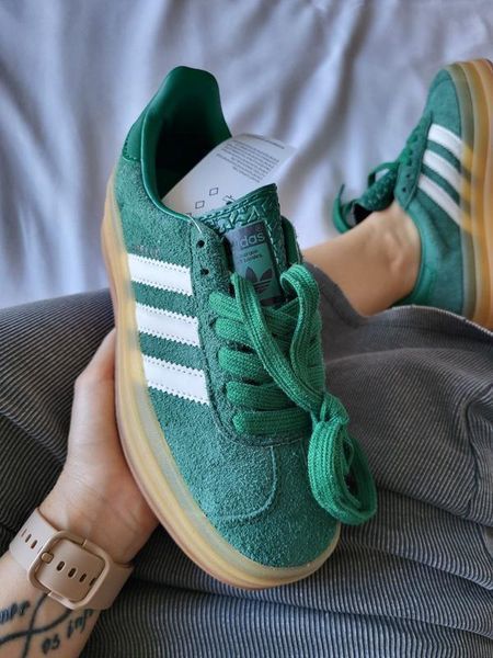 Женские кроссовки Adidas Gazelle на платформе замшевые зеленые Адидас Газели Arm-0384 фото