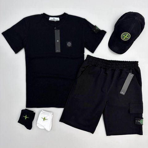 Чоловічий літній костюм Футболка Шорти Кепка Stone Island чорний із патчем Стон Айленд Хар-876 (коп1) фото