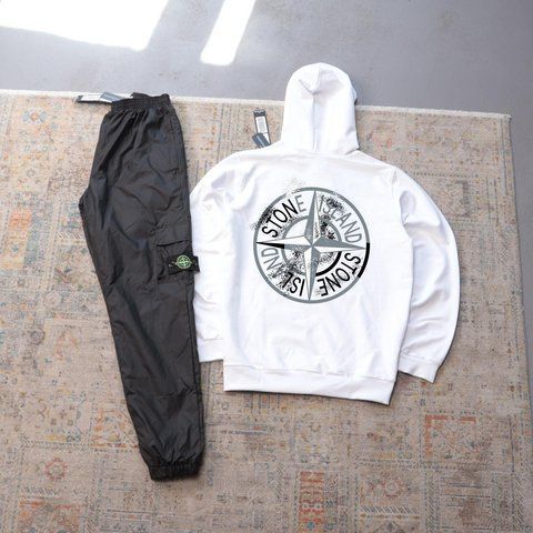 Мужской спортивный костюм Stone Island черно-белый с капюшоном Комплект Худи Штаны плащевка Стон Айленд Ads-407 фото