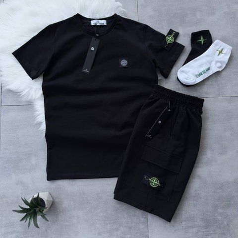 Чоловічий літній костюм Stone Island Футболка Шорти чорний із патчем Стон Айленд Хар-868 фото