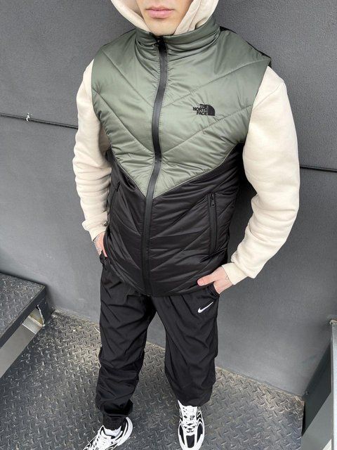 Мужская жилетка The North Face черная с хаки без капюшона Безрукавка ТНФ стеганная из плащевки Intr-1620136077 фото