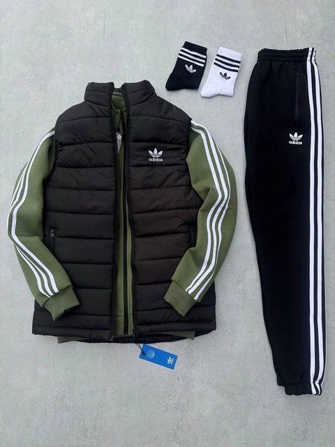 Мужской зимний спортивный костюм Adidas 3в1 хаки Набор Адидас Костюм Жилетка без капюшона Хар-665 фото
