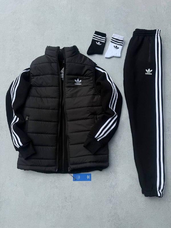 Мужской зимний спортивный костюм Adidas 3в1 черный Набор Адидас Костюм Жилетка без капюшона