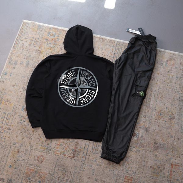 Чоловічий спортивний костюм чорно-білий Stone Island з капюшоном Комплект Худі Штани плащівка Стон Айленд Ads-407 фото
