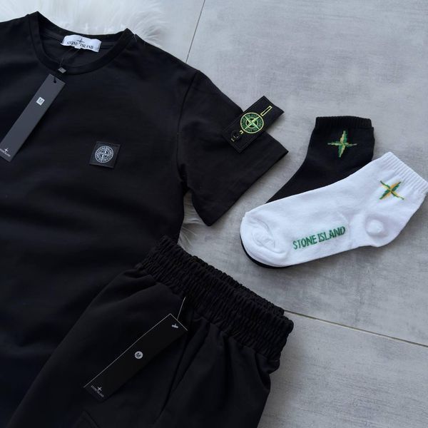 Чоловічий літній костюм Stone Island Футболка Шорти чорний із патчем Стон Айленд Хар-868 фото