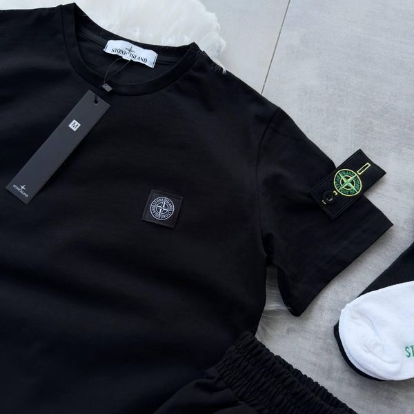 Чоловічий літній костюм Stone Island Футболка Шорти чорний із патчем Стон Айленд Хар-868 фото