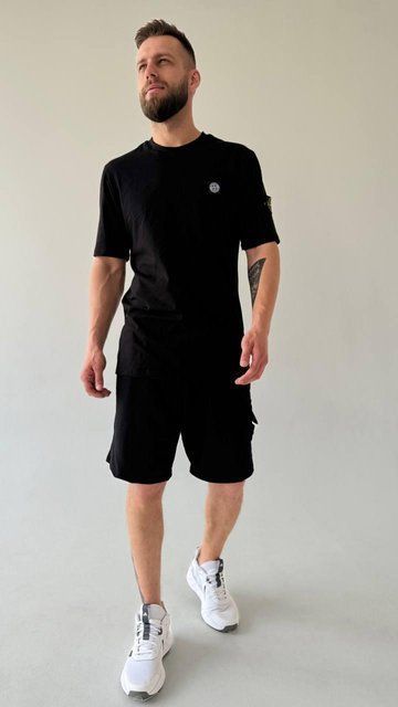 Мужской летний костюм Футболка Шорты Stone Island черный с патчем Стон Айленд Хар-868 (коп2) фото